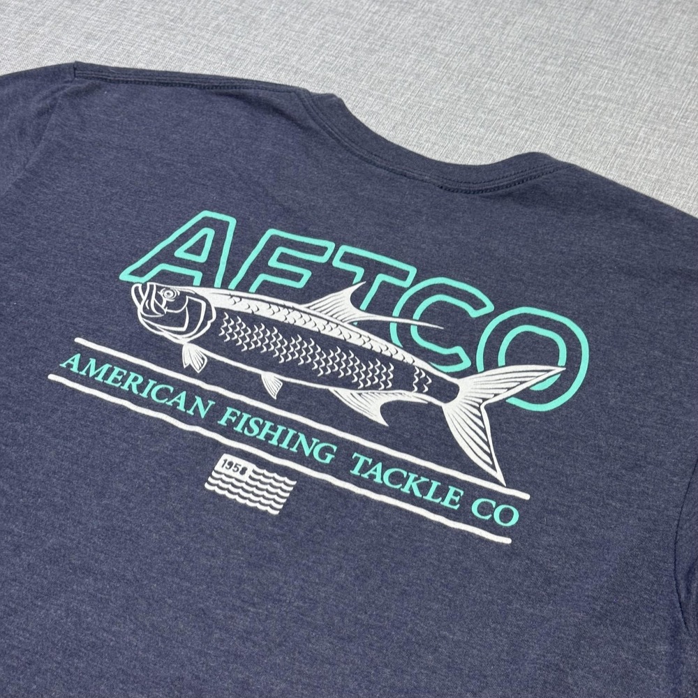 AFTCO Shirt Mens Large Blue Graphic Fish Back Logo American Fishing Tee